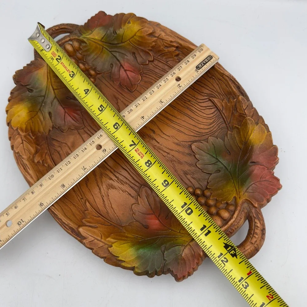 Vintage Multi Products Inc Faux Wood Grape Leaf Serving Tray Oval Platter USA